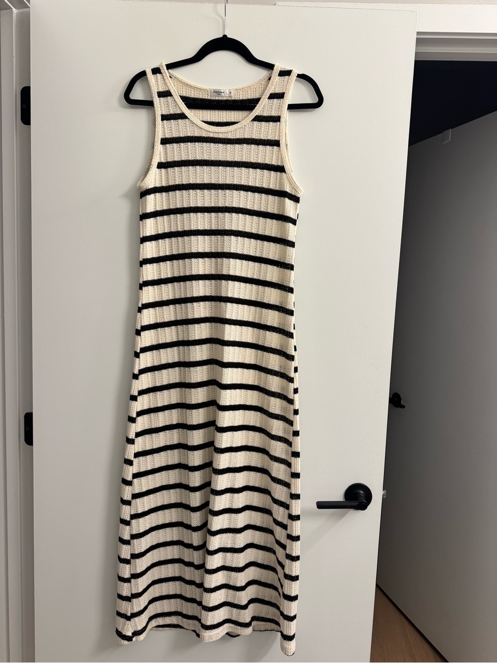 Striped Cream and Black Sleeveless Knit Midi Dress